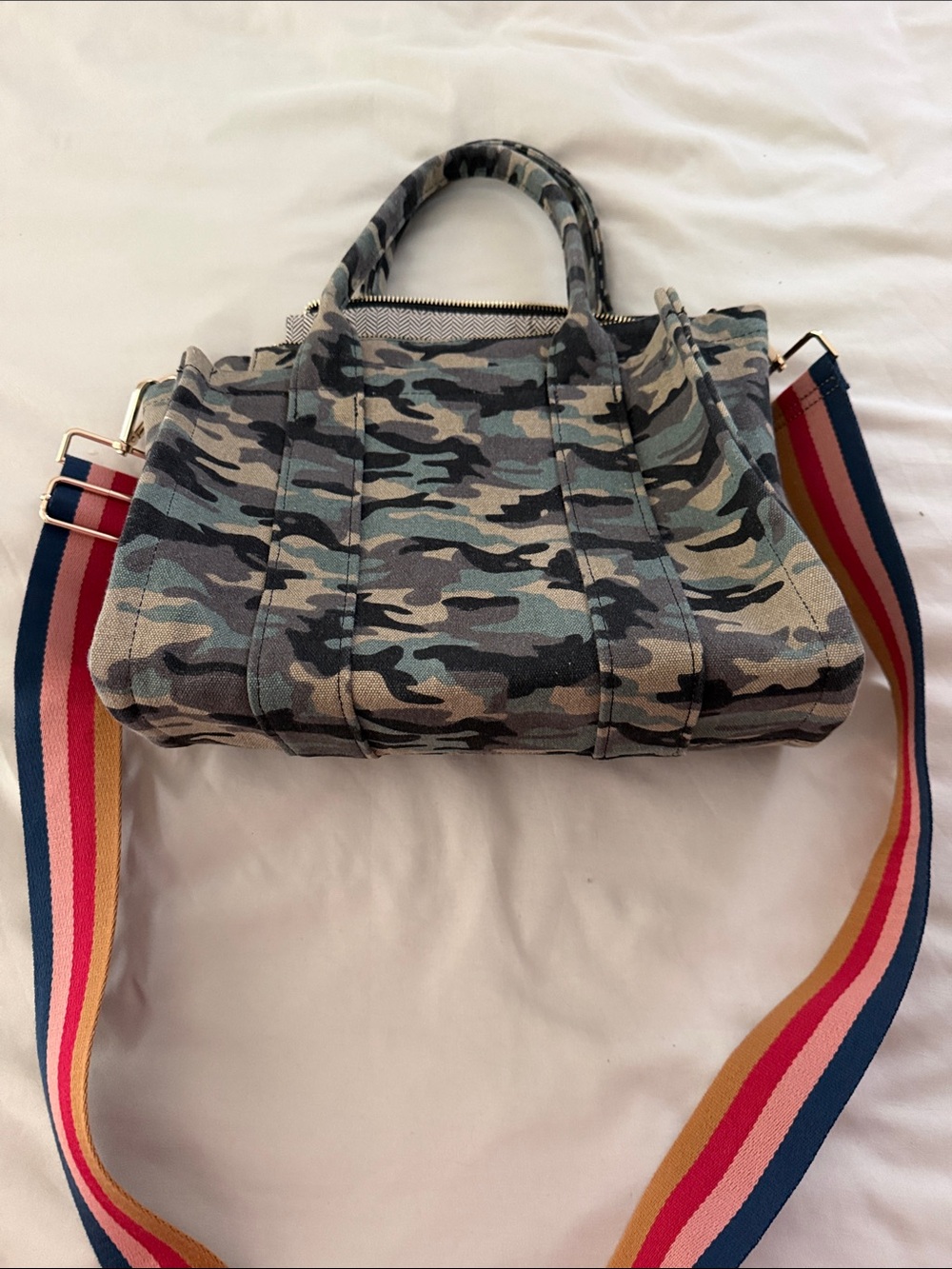 Amazon Camouflage Canvas Tote with Multicolor Striped Shoulder Strap
